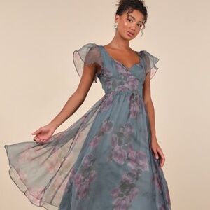 Lulus Mesmerizing Mood Slate Floral Organza Ruffled A-line Midi Dress Grey